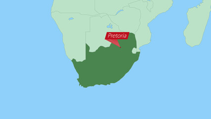 Map of South Africa with pin of country capital.