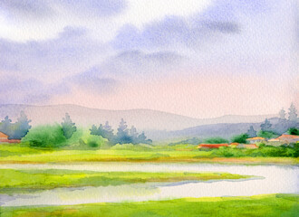 Watercolor landscape. Village by the river