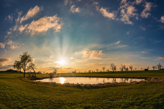 Weiher, See, Teich, Sonnenuntergang, Habach, Obers&ouml;chering, Fischweiher, Wasser, Landschaft, Natur