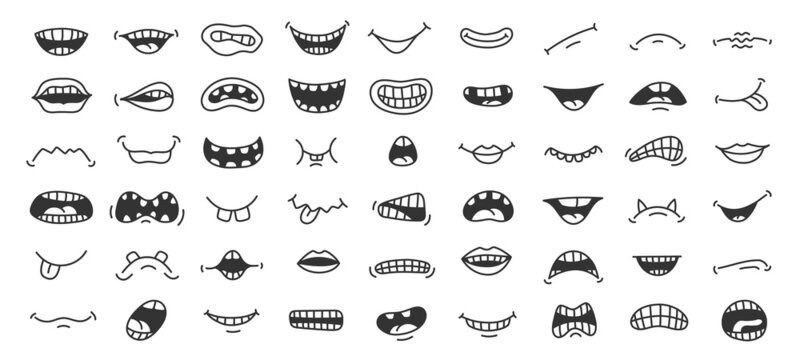 Doodle mouth. Funny cartoon pop art smile anger and scary face expression with teeth and tongue. Vector cute hand drawn isolated mouths set