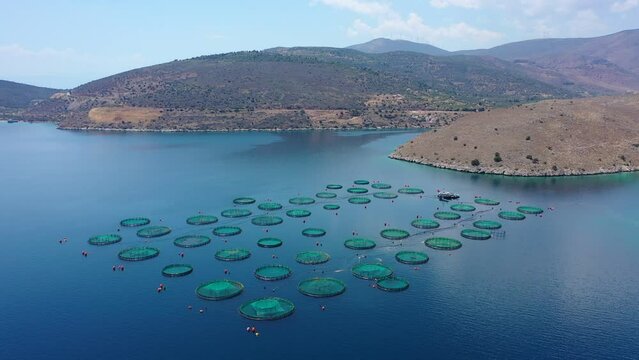 Aerial drone video of sea bass and sea bream fishery or fish farming unit in Mediterranean calm deep blue sea
