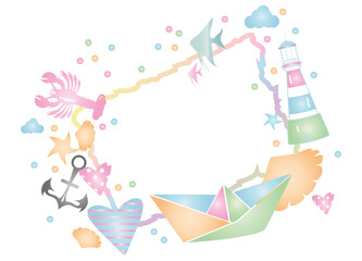 maritimer Rahmen aus bunten Muscheln und Symbole