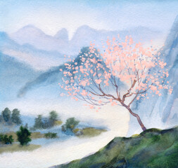 Tree by a mountain stream. Watercolor landscape
