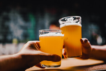 Two friends hands toasting with glasses of light beer at the pub or bar