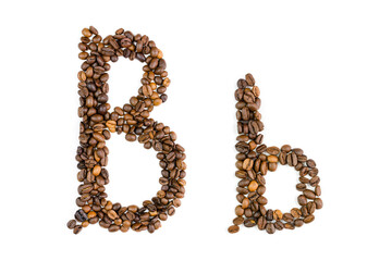 Capital and small letter B of coffee beans on an isolated white background. Template for logo design. English, German alphabet from handmade coffee.