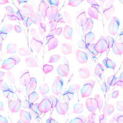 Seamless pastel watercolor pattern - eucalyptus leaves and branches on background with watercolor effect, botanical illustration.