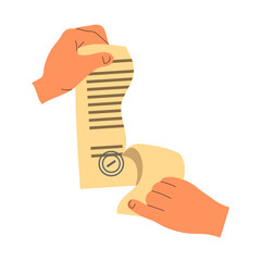 Man tearing up a paper document contract. Employment agreement, inheritance, testament. Cancellation, rescission and anger. Flat vector isolated illustration