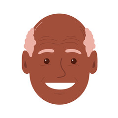 Portrait of a old young man with a happy smile. African American grandfather face with glasses. Gray hair. Flat vector illustration of a male head. Isolated on white background