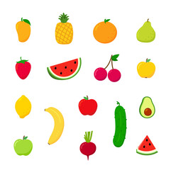 Set fruits are apple, banana, orange, pear, pineapple, strawberry and lemon.