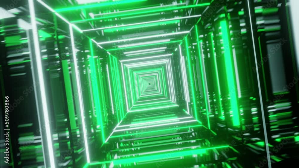Poster abstract green fractal neon background with lines and strips. 3d animation