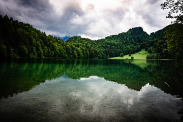 Fototapeta na wymiar See, Alatsee, Füssen, Bergsee, Wald, Spiegelung, Wolken, Landschaft, Natur, Allgäu, Bayern