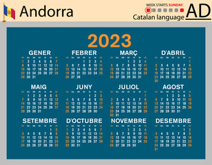 Catalan horizontal pocket calendar for 2023. Week starts Sunday - obrazy, fototapety, plakaty