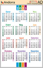 Catalan vertical pocket calendar for 2023. Week starts Sunday