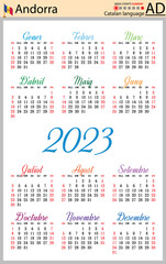 Catalan vertical pocket calendar for 2023. Week starts Sunday
