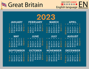 English horizontal pocket calendar for 2023. Week starts Sunday