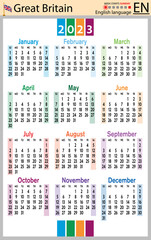 English vertical pocket calendar for 2023. Week starts Sunday