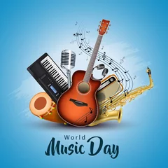Deurstickers happy world music day event and musical instruments with blue background. vector illustration design © Arun