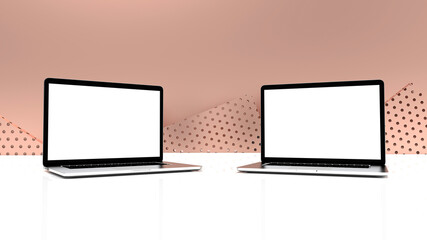 Modern laptop  isolated on rose gold background. 3D Illustration.