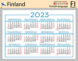 Finnish horizontal pocket calendar for 2023. Week starts Sunday