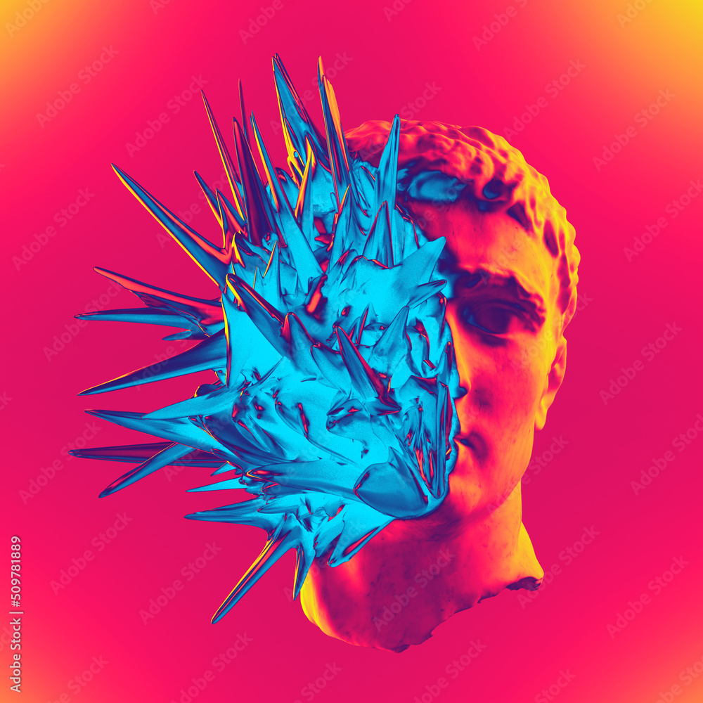 Poster abstract illustration from 3d rendering illustration of marble classical sculpture head with colorfu
