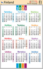 Finnish vertical pocket calendar for 2023. Week starts Sunday