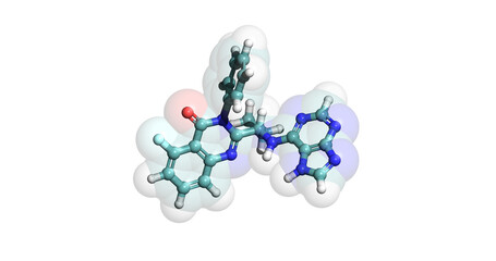 Idelalisib, anticancer drug, 3D molecule