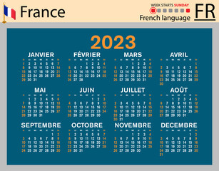 French horizontal pocket calendar for 2023. Week starts Sunday