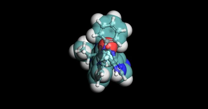 Idelalisib, anticancer drug, 3D molecule, spinning 4K