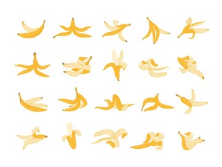Banana peel. Cartoon organic waste template, colorful yellow flat banana skin, healthy food and diet failure concept. Vector fruit garbage isolated set