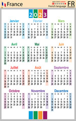 French vertical pocket calendar for 2023. Week starts Sunday