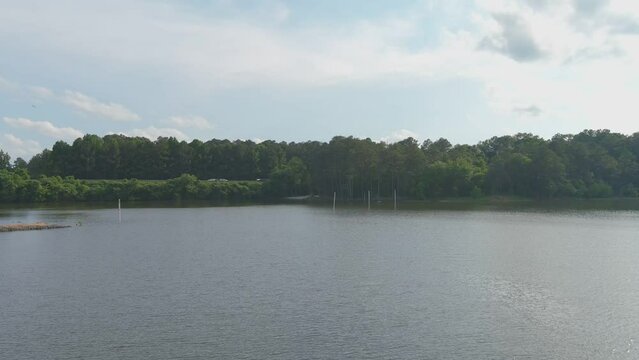 aerial footage of the rippling waters of Lake Acworth surrounded by lush green trees, grass and plants with cars driving on the road and blue sky with clouds at Proctor Landing Park in Acworth Georgia