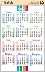 Galician vertical pocket calendar for 2023. Week starts Sunday