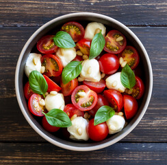 Salad with mozzarella, tomatoes, nuts and basil. Healthy eating. Vegetarian food. Diet.