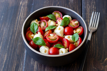 Salad with mozzarella, tomatoes, nuts and basil. Healthy eating. Vegetarian food. Diet.