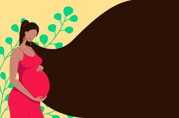 A beautiful pregnant girl holds her hands on her stomach. Happy pregnancy. Flat cartoon vector illustration. Poster with pregnant woman with long hair and place for text.  - 509782616