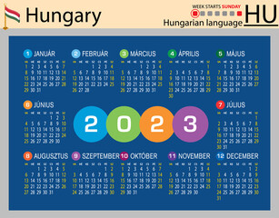 Hungarian horizontal pocket calendar for 2023. Week starts Sunday