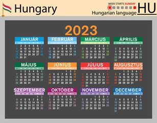 Hungarian horizontal pocket calendar for 2023. Week starts Sunday