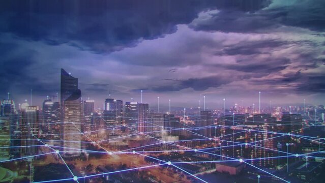 Conceptual smart city and Modern network communication network concept. 5G. IoT (Internet of Things). Telecommunication. 4k