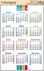 Hungarian vertical pocket calendar for 2023. Week starts Sunday