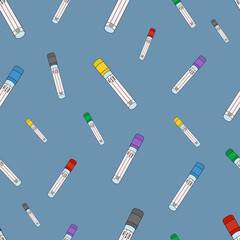 Test tubes. Empty vacuum test tubes for examining patients' blood tests. Seamless vector pattern. Infinitely repeating medical ornament. Isolated blue background. Lids in different colors. Tube info. 