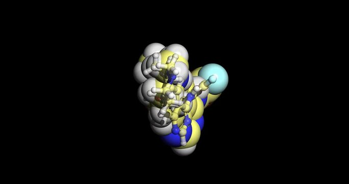 Vandetanib, anticancer drug, 3D molecule, spinning 4K