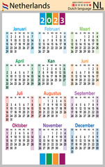 Dutch vertical pocket calendar for 2023. Week starts Sunday