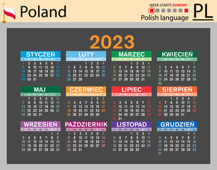 Polish horizontal pocket calendar for 2023. Week starts Sunday