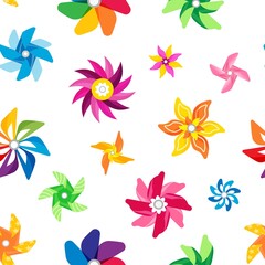 Pinwheel pattern. Seamless print of colorful summer children toy, fan spinner propelled by wind. Vector paper origami pin wheel texture