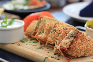 Traditional Arabic breakfast | Arabic food and drinks backgrounds | Manakish | Middle East