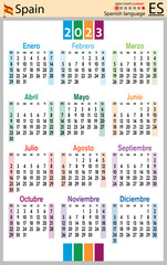 Spanish vertical pocket calendar for 2023. Week starts Sunday