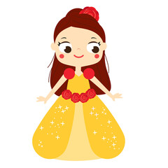 Cartoon girl in beautiful yellow dress. Cute princess. - 509784252