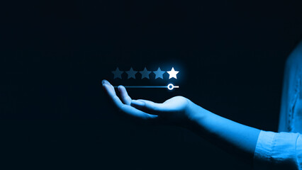 Gold five star rating feedback on virtual sreen.Concept of satisfaction, quality and performance. 