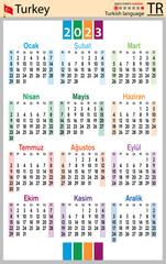 Turkish vertical pocket calendar for 2023. Week starts Sunday