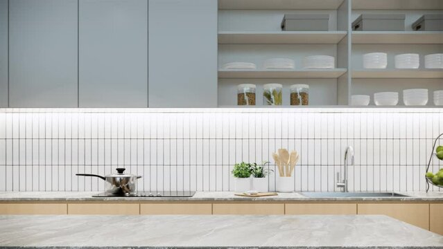 Modern Muji style kitchen interior design 3d animation video 4k pan left shot. white apartment ideas